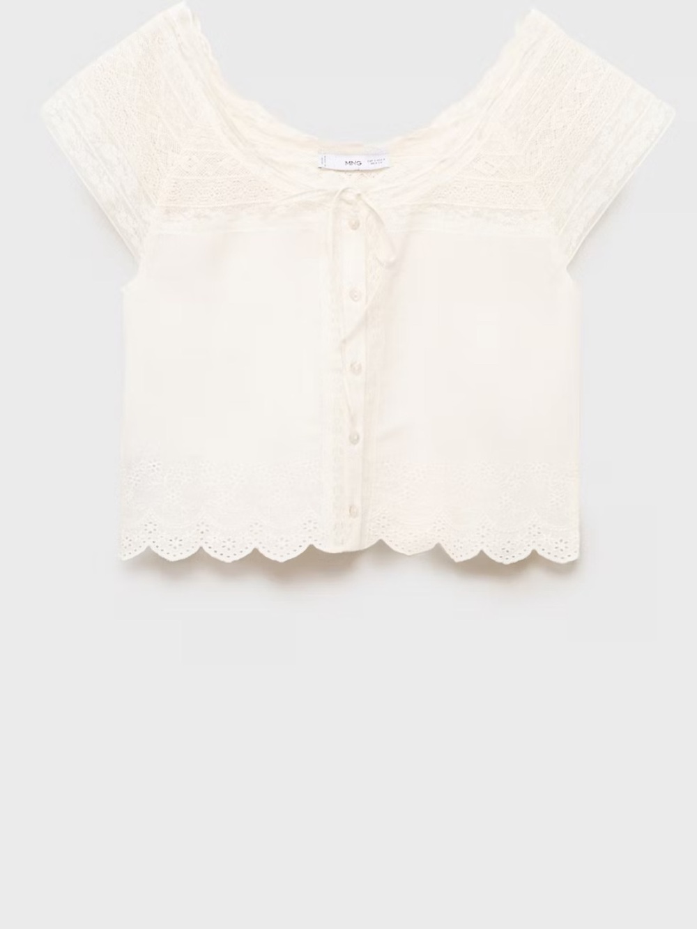 Mango NWT Cotton Lace Eyelet Scallop Delicate Cream Button Front Blouse Doen - Picture 6 of 12